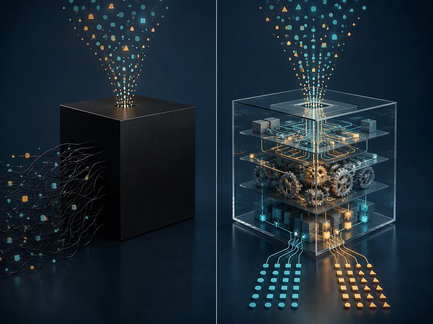 An opaque model and a transparent glass-box model receive the same data but reveal different levels of internal reasoning.