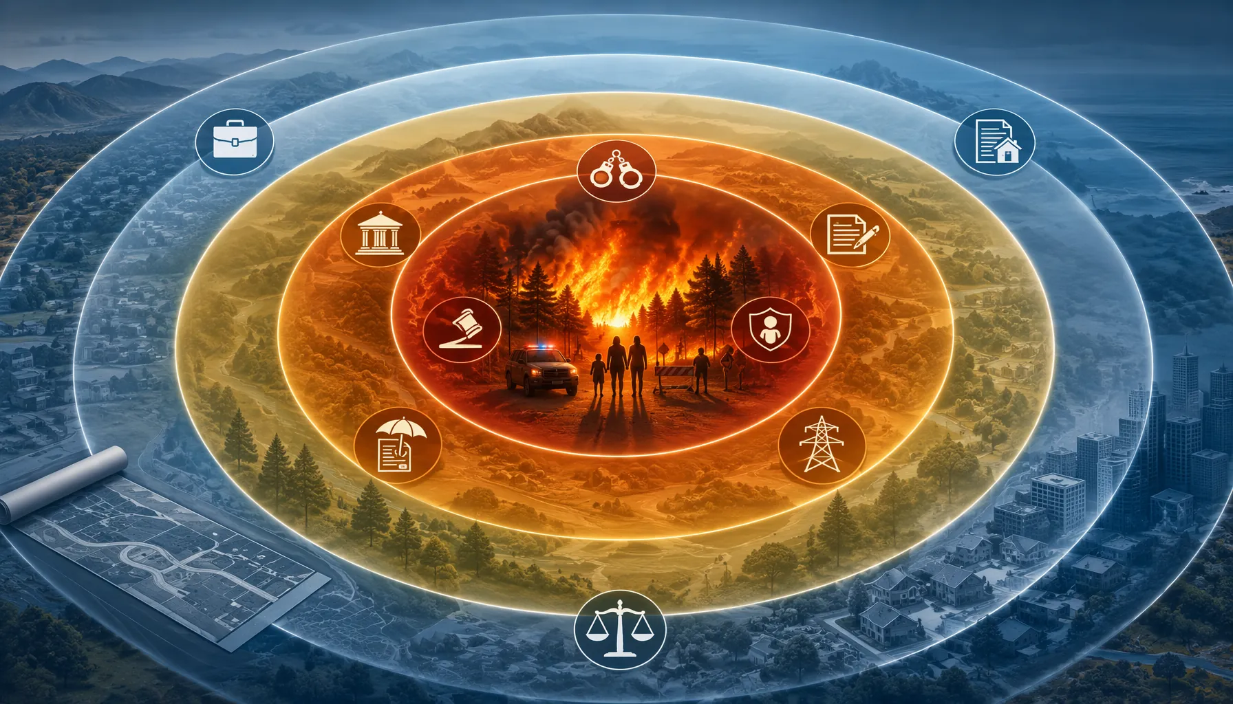 Concentric legal consequence zones radiating from one evacuation event
