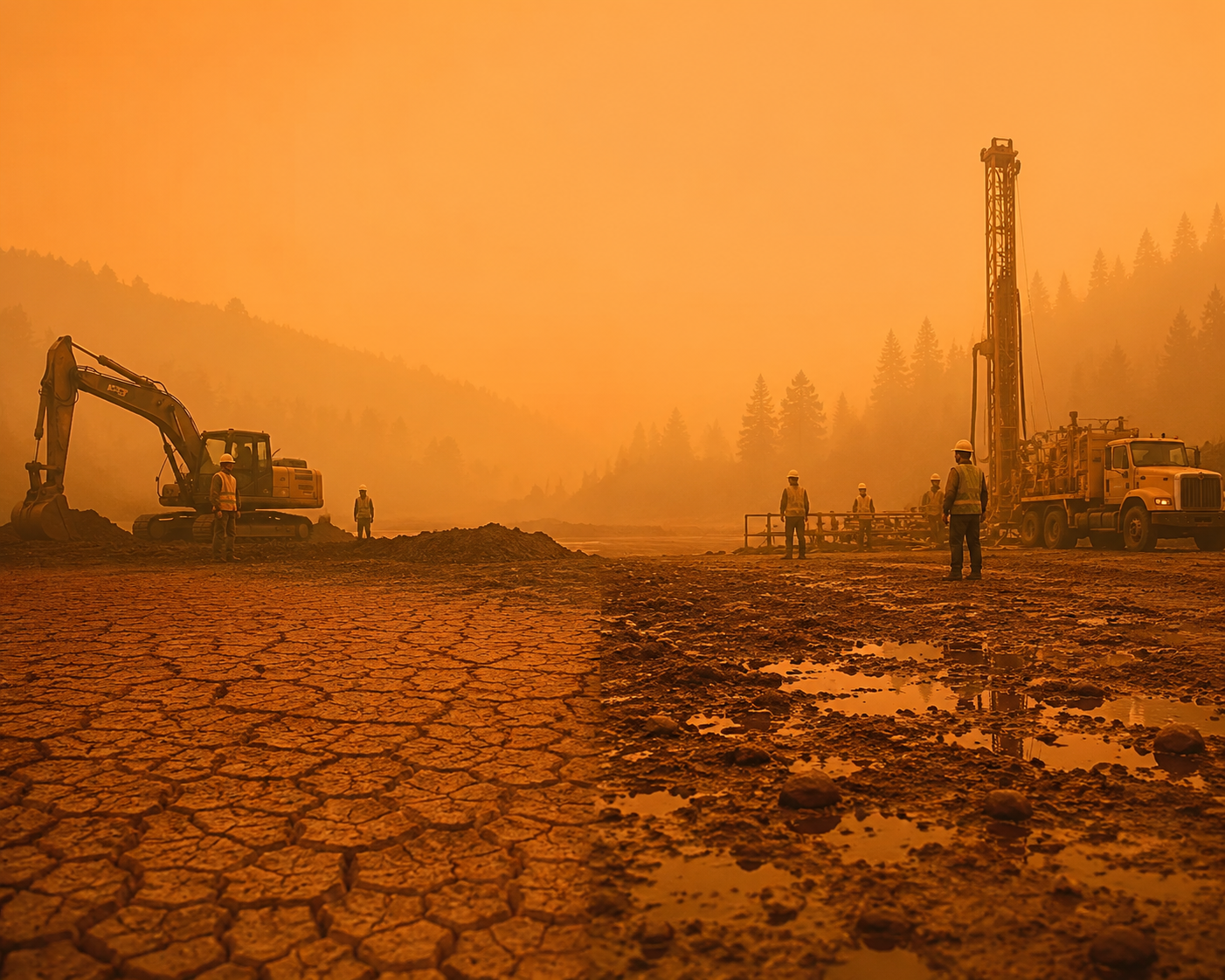 Orange wildfire smoke over an outdoor industrial worksite divided into zones with different regulatory outcomes