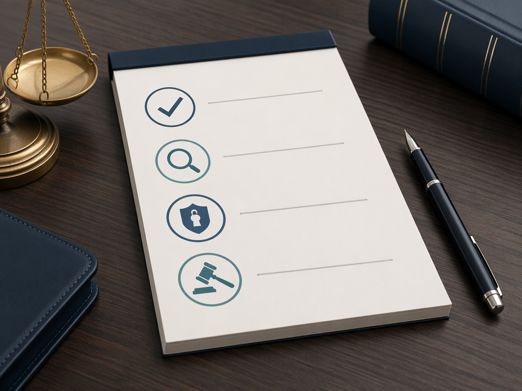 Legal notepad showing four icons arranged vertically: checkmark, magnifying glass, shield and lock, and gavel — representing verify, review, protect, and comply actions.