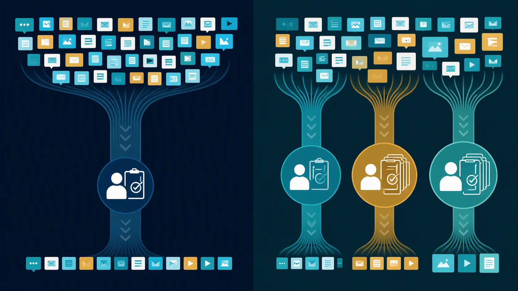 Side-by-side diagram contrasting a single bottleneck review lane with communications sorted into parallel risk-tier review lanes
