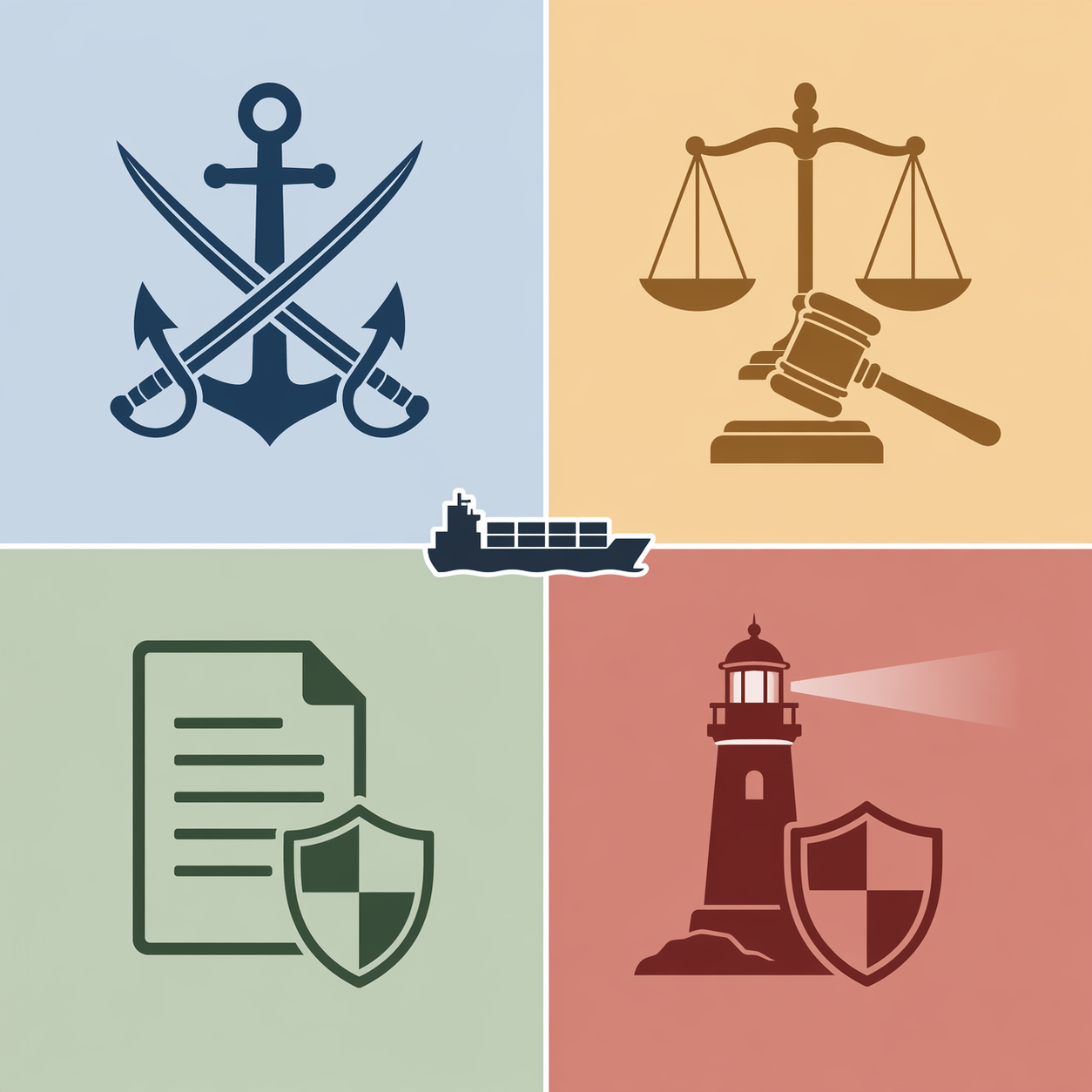 Four-part legal framework diagram for maritime attacks with icons for conflict, prosecution, documents, and protection