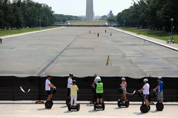 Drained Lincoln Memorial Reflecting Pool with faded and peeling liner exposed