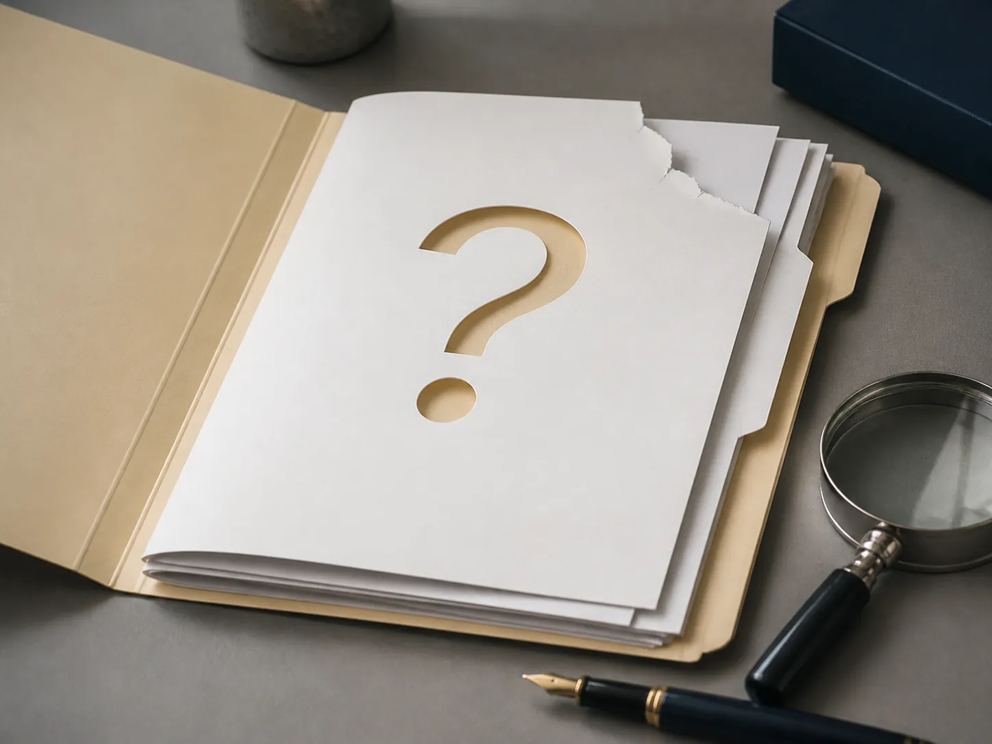 Open folder with blank pages, a question mark cutout, a magnifying glass, and a fountain pen