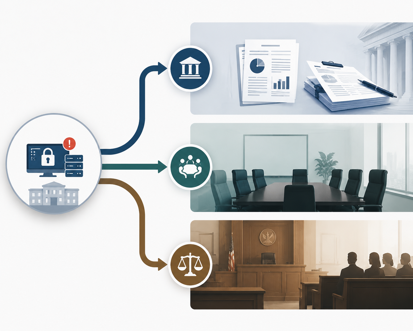 Three legal pathways branching from a cybersecurity incident: disclosure, oversight, and class action litigation