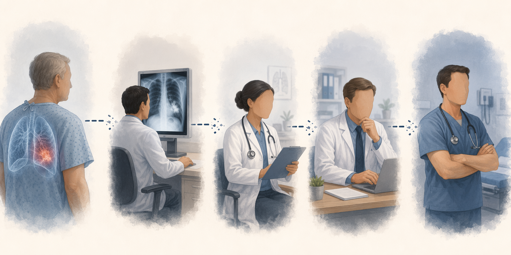 Patient silhouette with a lung infiltrate marker and four physician stations connected by broken communication lines.