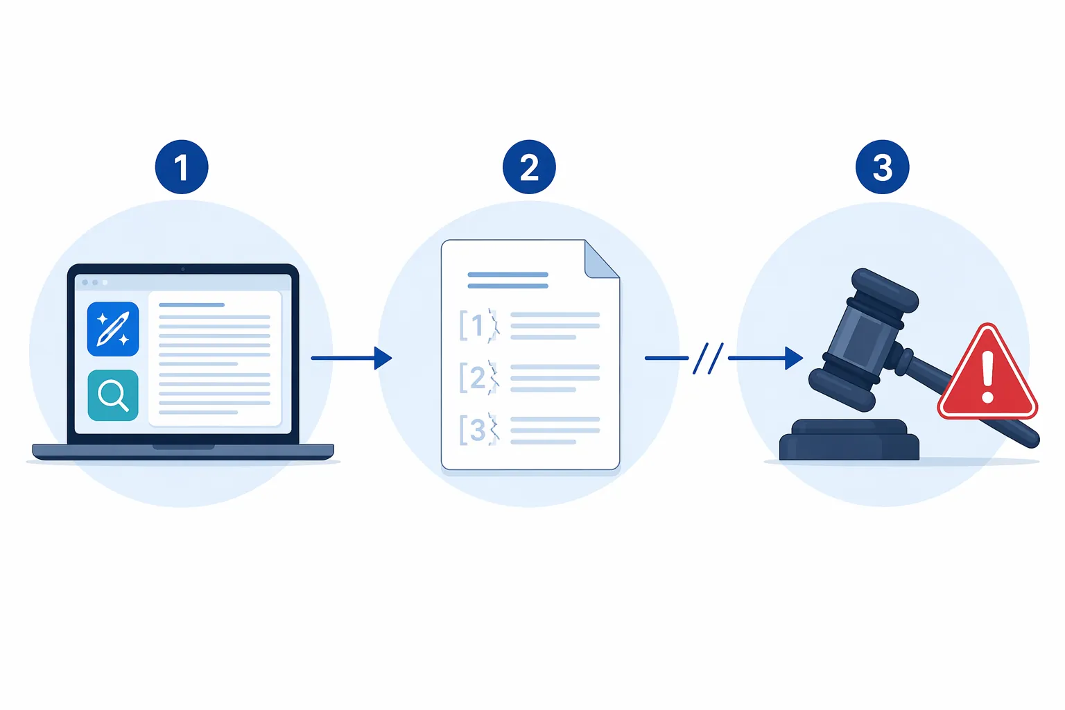 Workflow diagram showing AI-assisted drafting, broken citations, and court sanctions with a missing human verification step