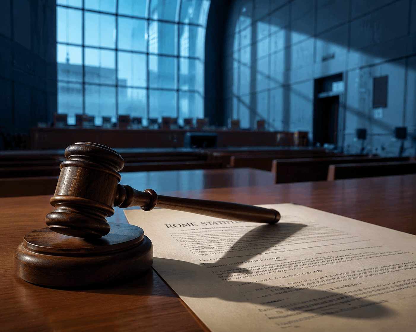 A gavel and Rome Statute document in an empty modern courtroom