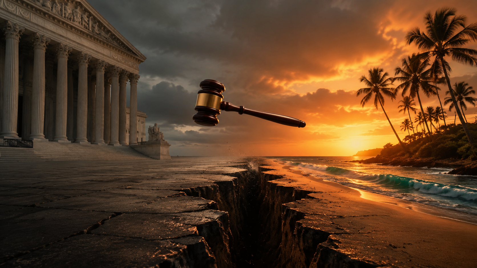 A federal courthouse and a Hawaiian coastline divided by a crack with a gavel suspended above the divide