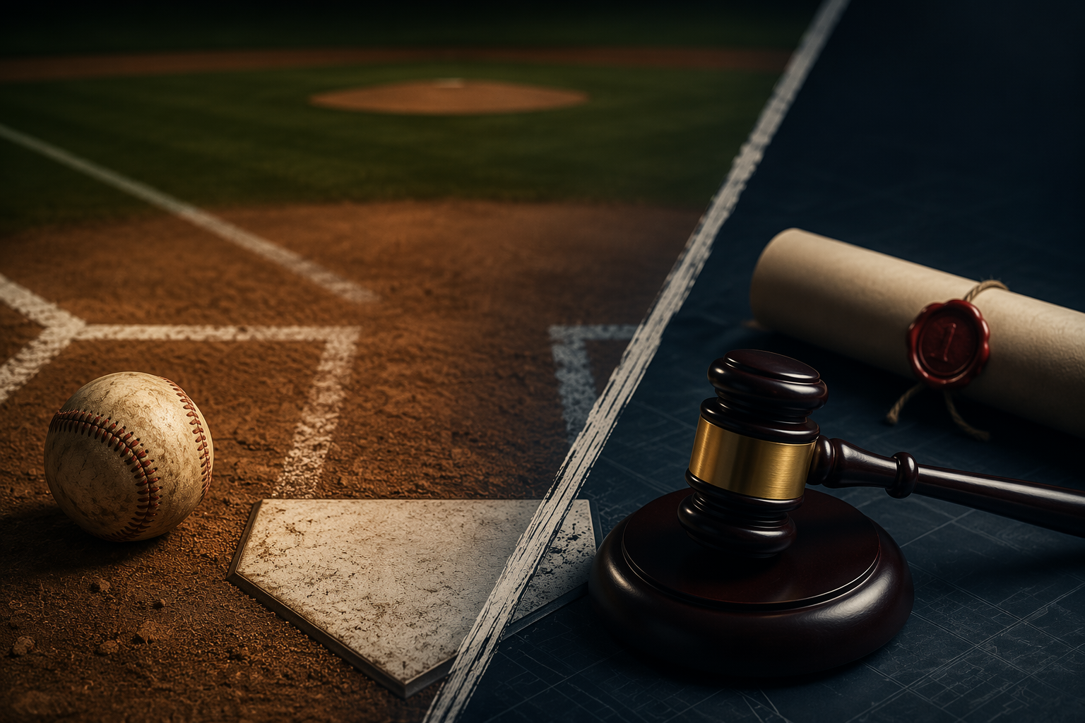 Baseball home plate and legal gavel divided by a sharp line