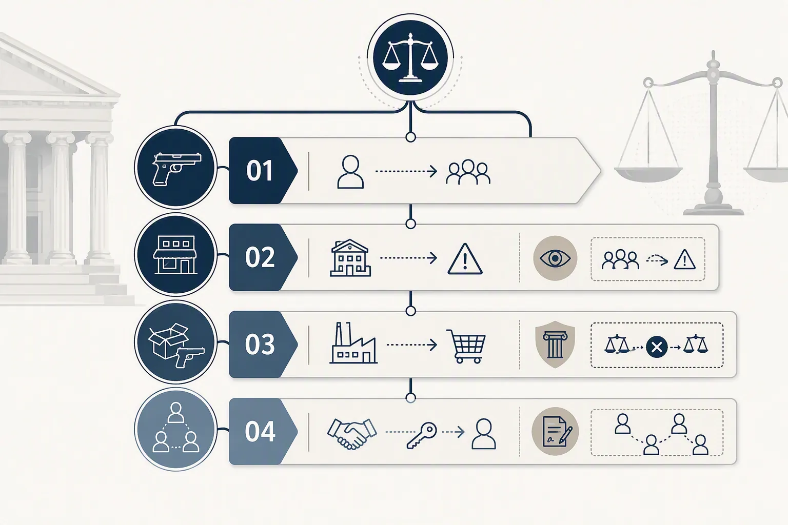 Layered liability framework showing direct actor, property and host responsibility, upstream supply chain, and co-sponsor theories