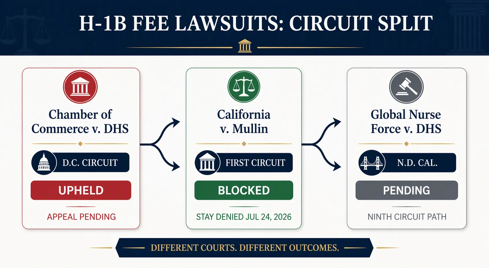 Three case record cards comparing Chamber of Commerce v. DHS, California v. Mullin, and Global Nurse Force v. DHS