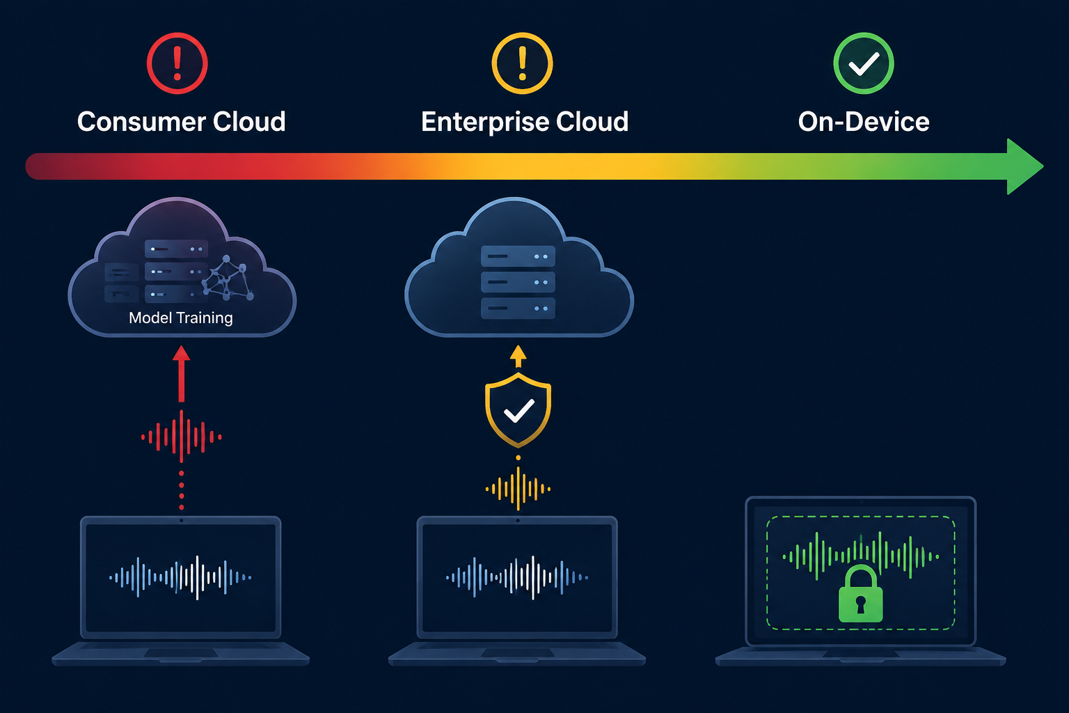 Risk spectrum comparing consumer cloud, enterprise cloud, and on-device AI transcription architectures
