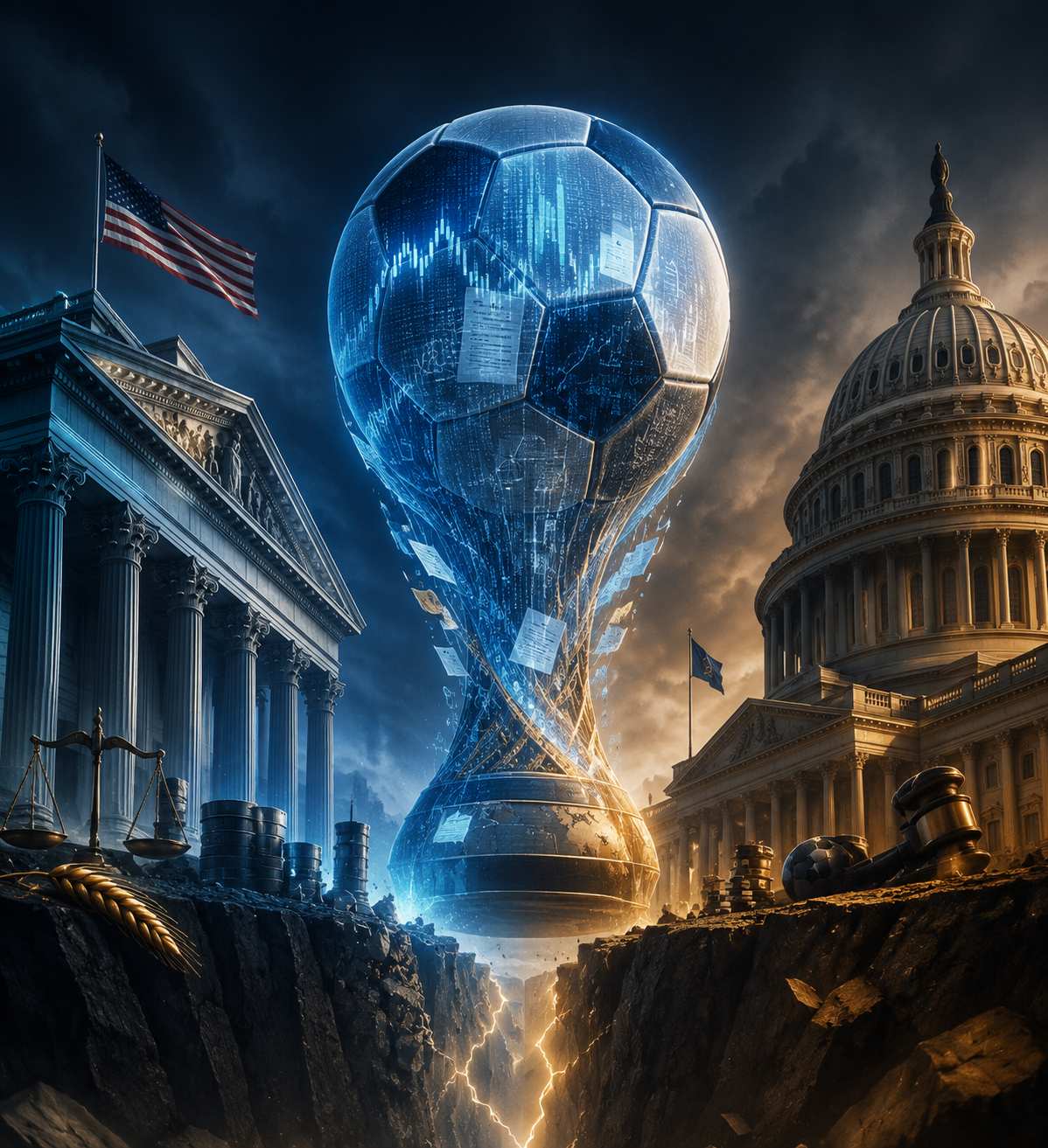 Soccer ball made of financial data and legal documents suspended between federal and state institutions