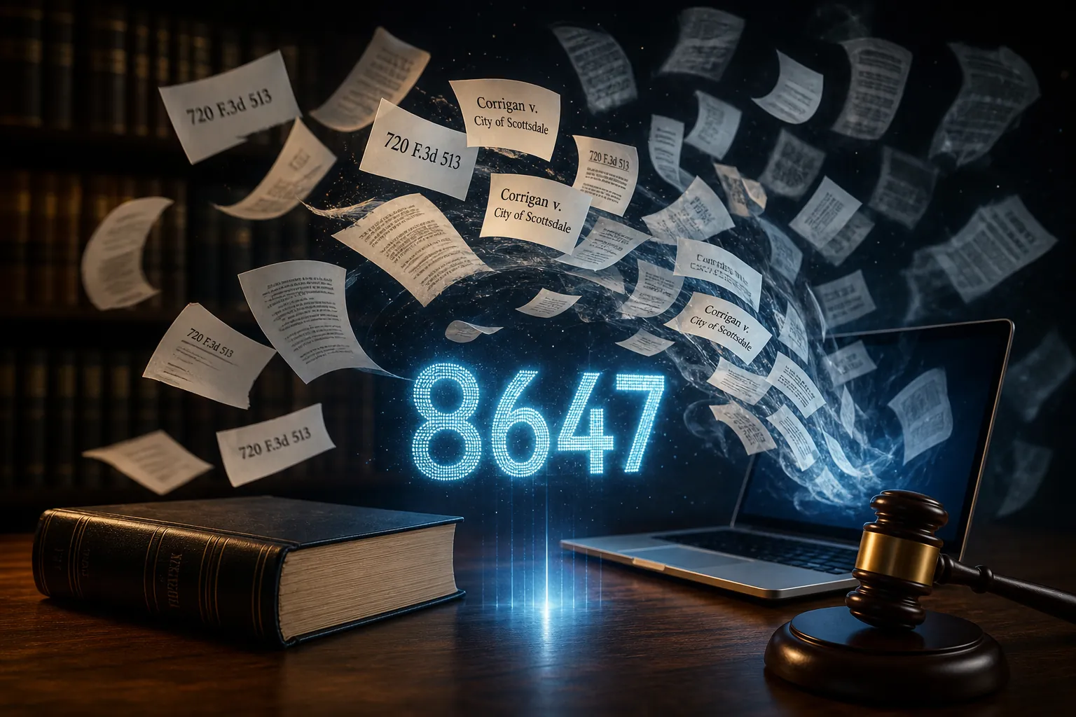The glowing number 8647 beside a law book, laptop, gavel, and fabricated legal citation fragments