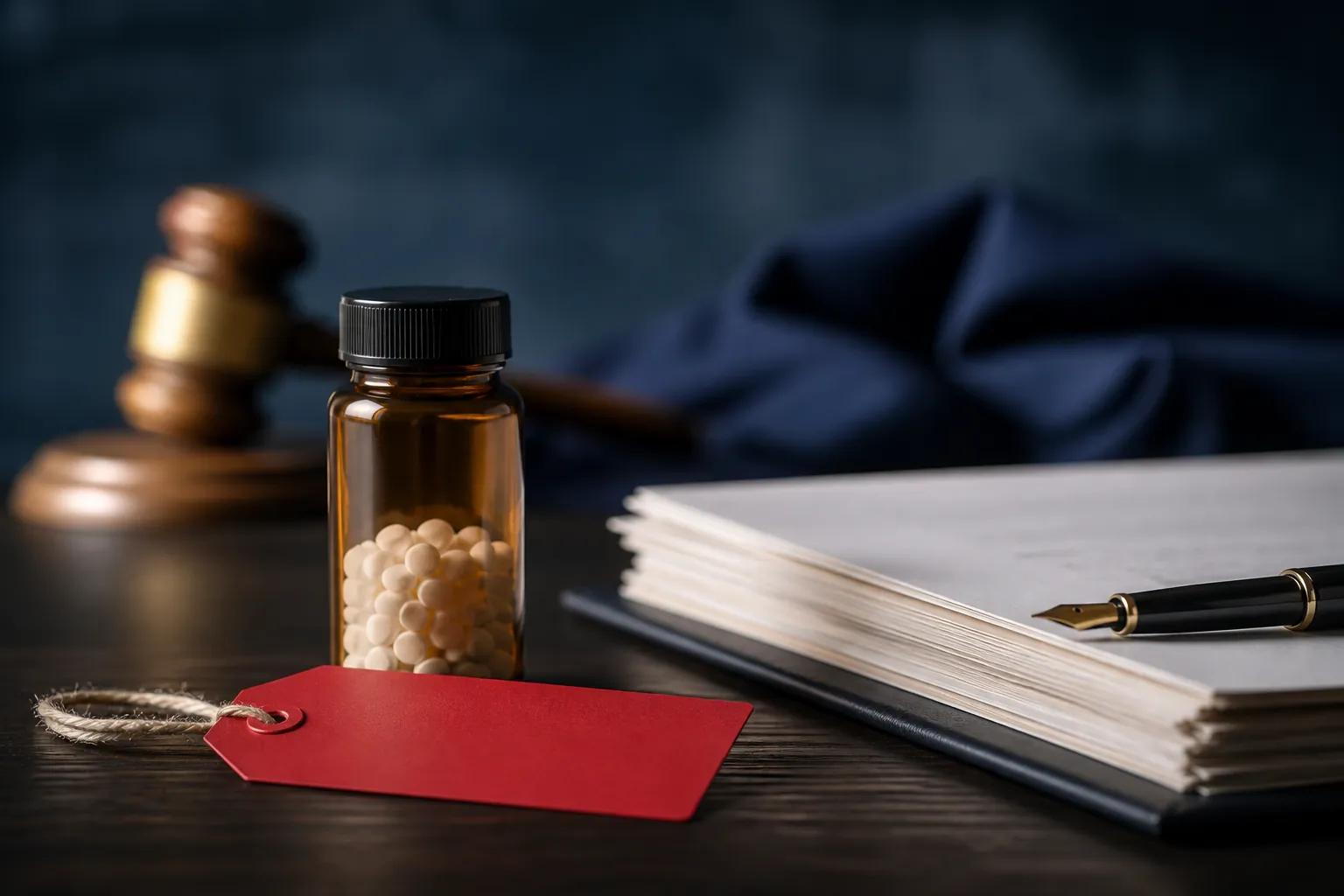Amber prescription vial of thyroid tablets beside a red recall warning tag and legal documents