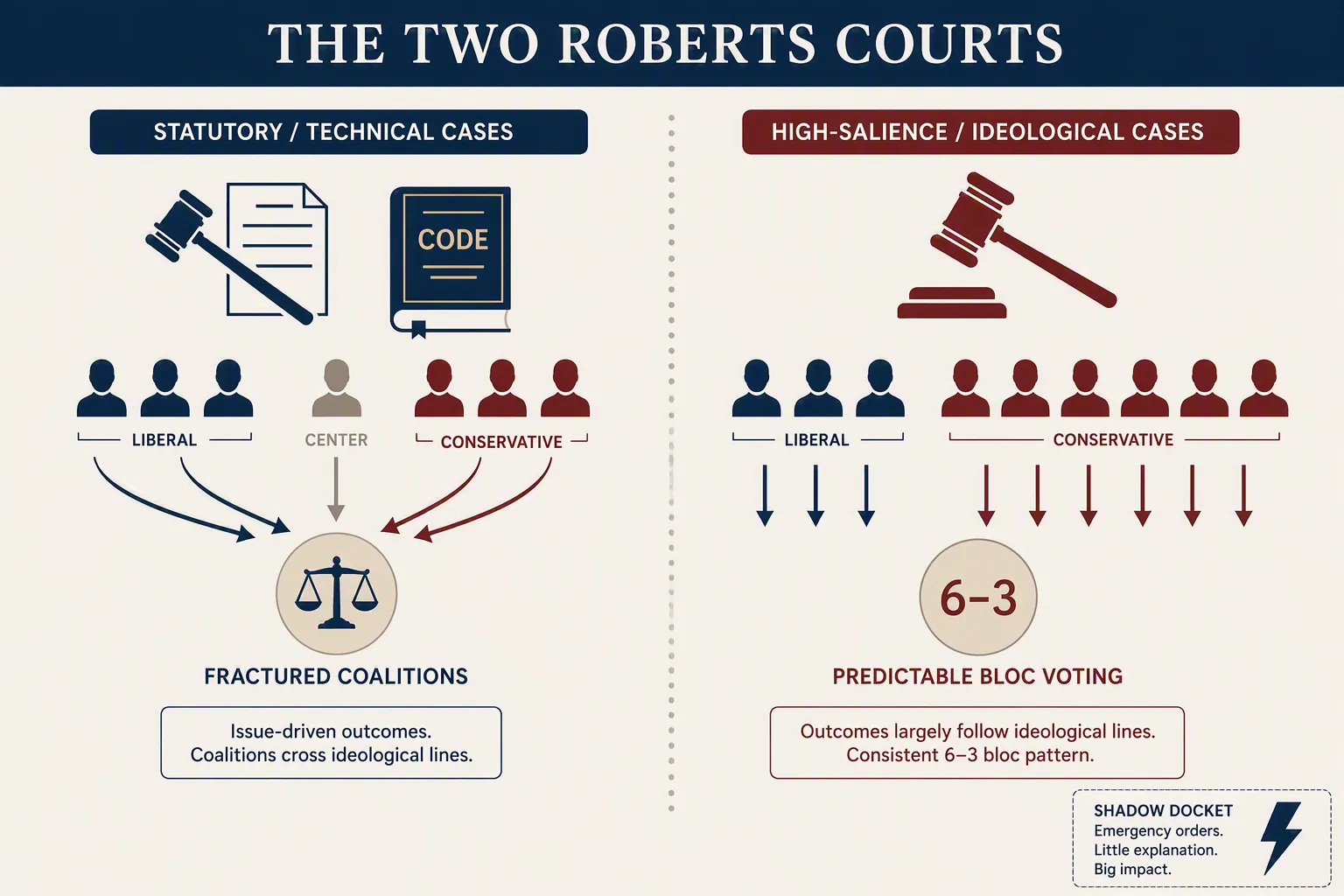 Editorial diagram showing technical cases producing fractured coalitions and high-salience cases producing 6-3 bloc voting