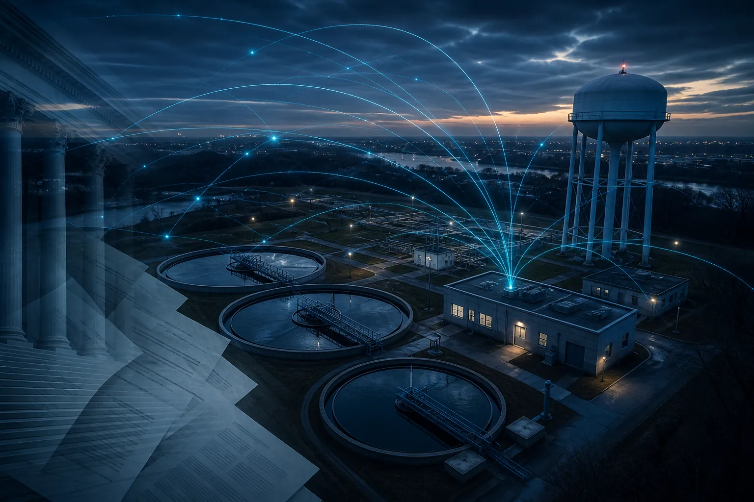 A small municipal water treatment facility at dusk with network lines and legal-document overlays suggesting cyber and legal risk
