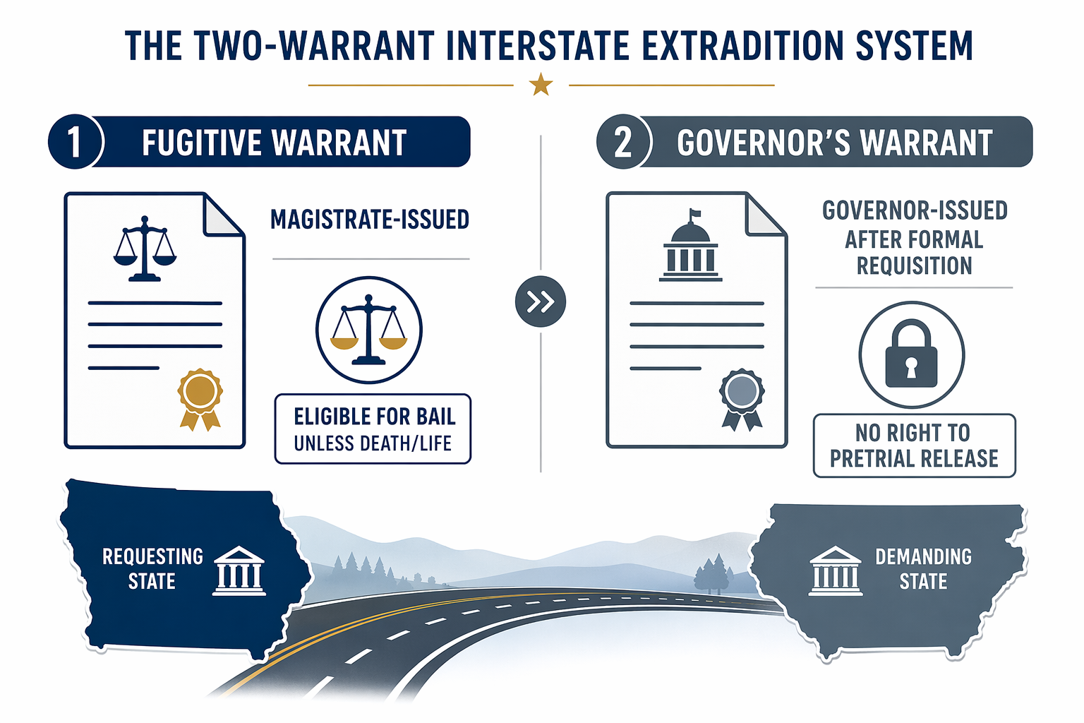 Side-by-side comparison of a magistrate-issued fugitive warrant and a governor-issued extradition warrant