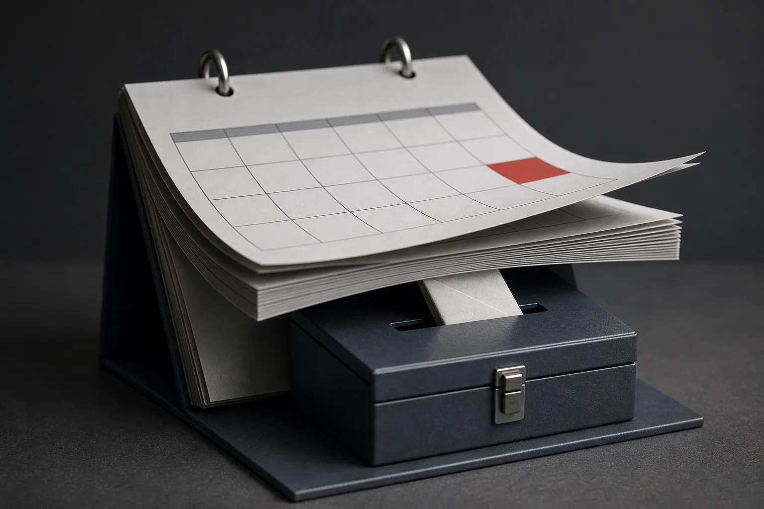 Calendar pages beside a small ballot box receiving a folded ballot