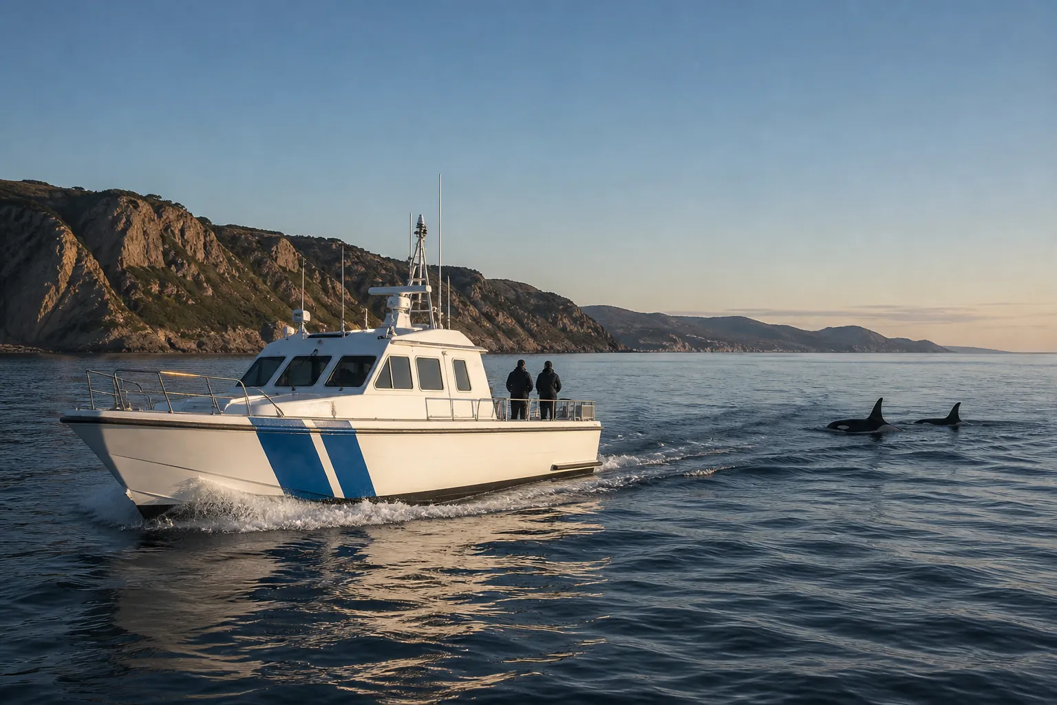Coastal patrol vessel near two orca dorsal fins on calm Atlantic water