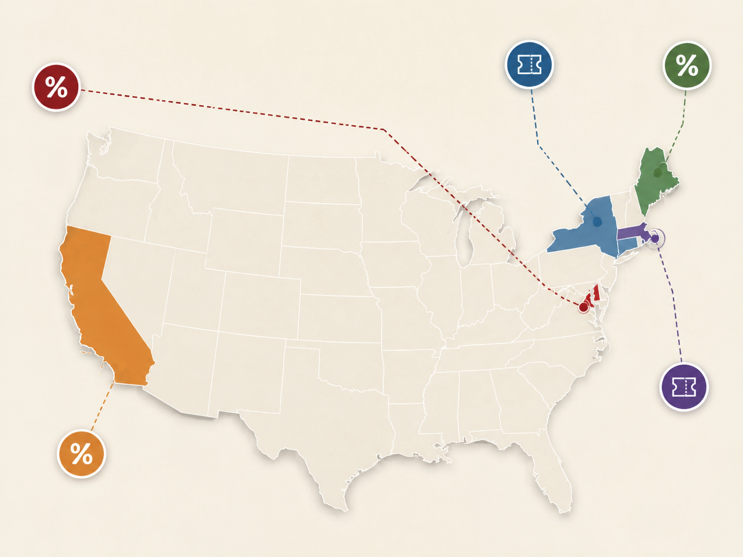 United States map highlighting Washington DC, California, New York, Maine, and Massachusetts as fragmented ticket resale regulatory jurisdictions
