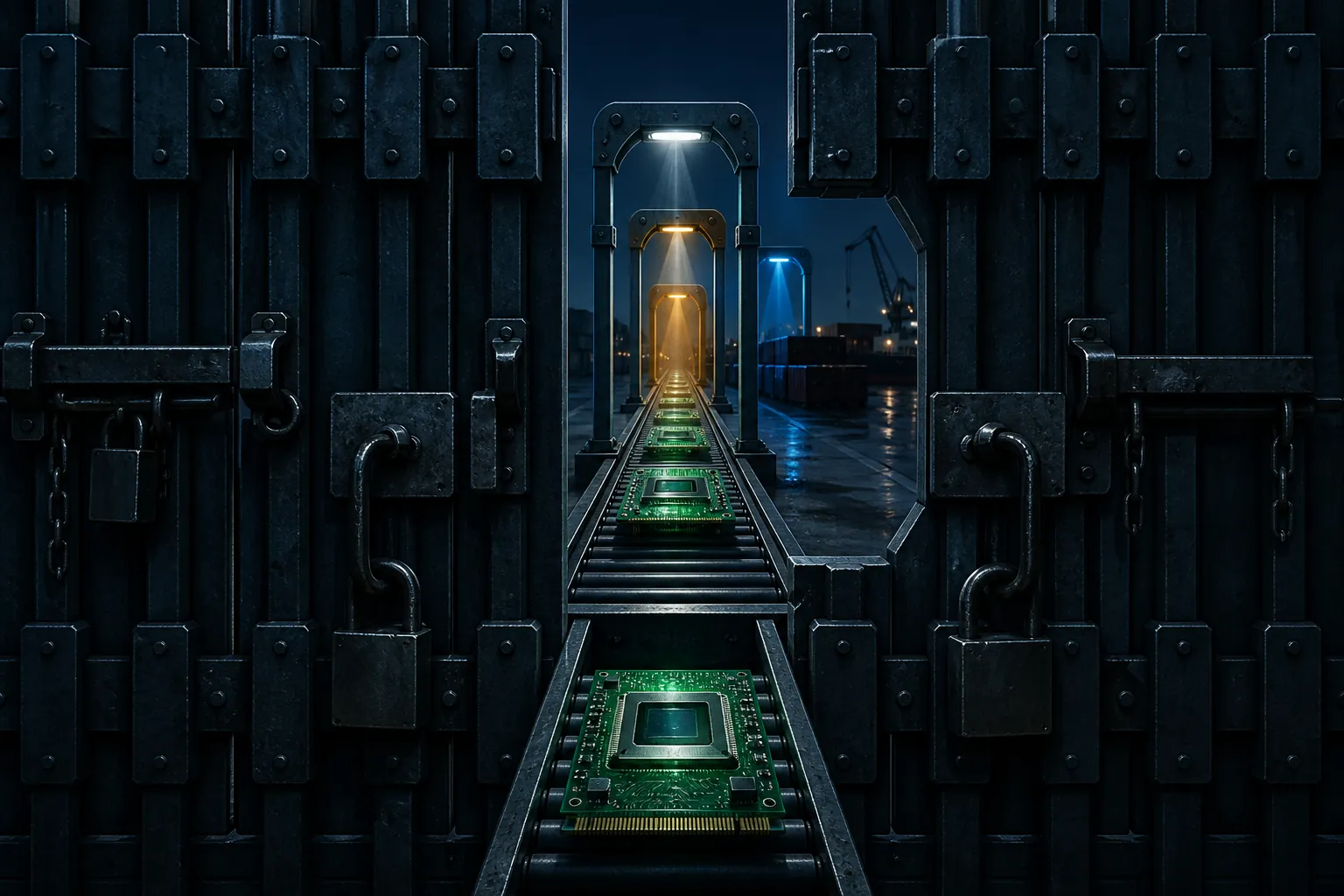 Night-time export checkpoint with glowing chips passing through scanning arches and a nearly closed locked gate