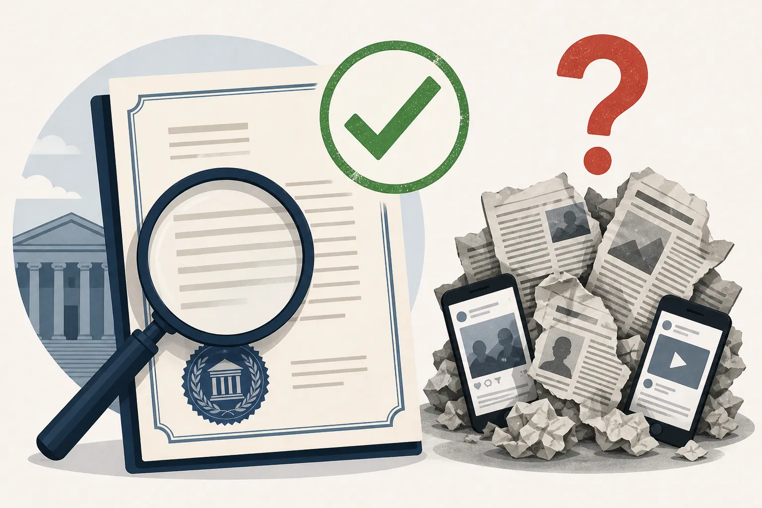 Magnifying glass over a court-sealed document while news clippings and phone screens are marked as unverified