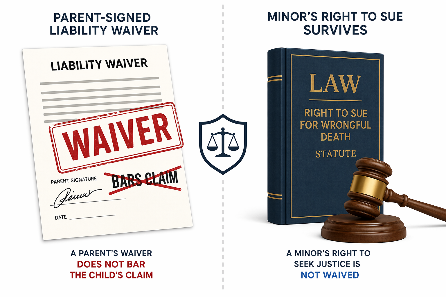 Parent-signed waiver crossed out beside a gavel and statute book showing that a minor's claim may survive