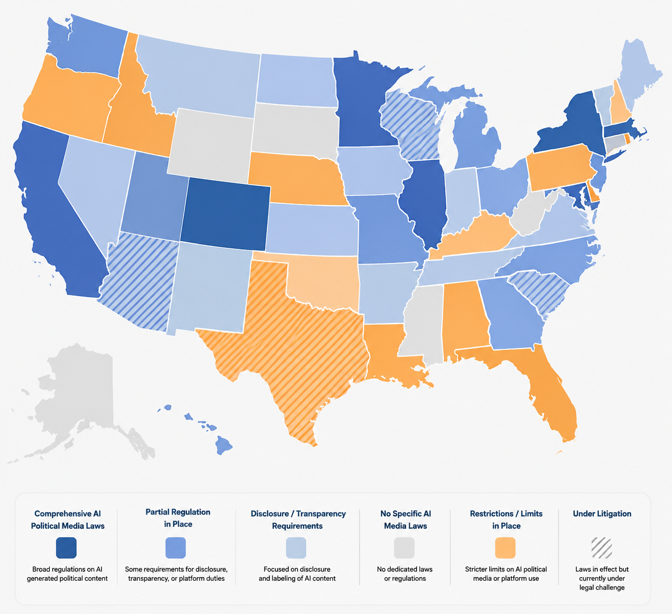 Map of the continental United States showing widespread but varied AI political media regulations