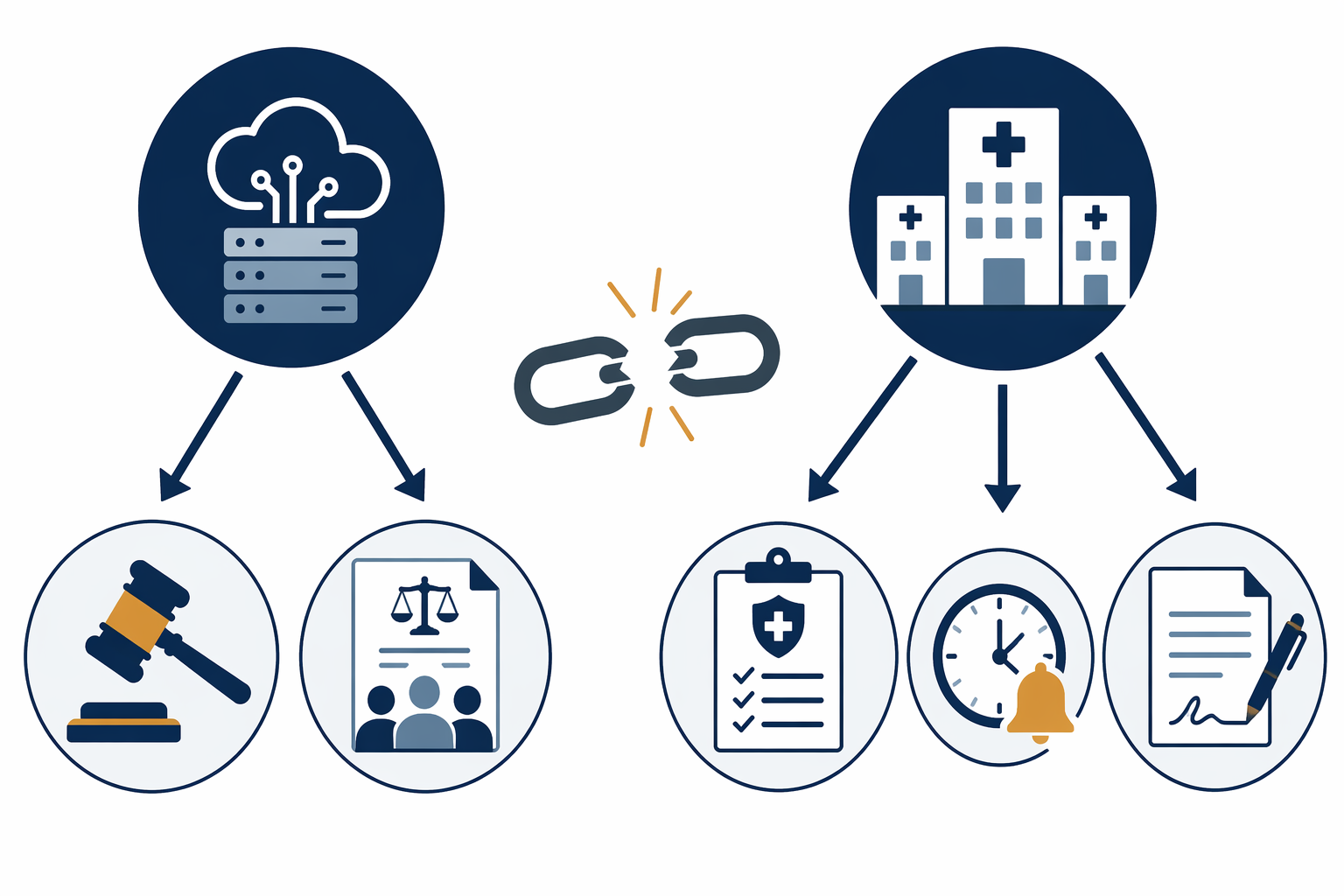 Comparison diagram showing vendor liability on one side and broader hospital exposure on the other with a broken chain link