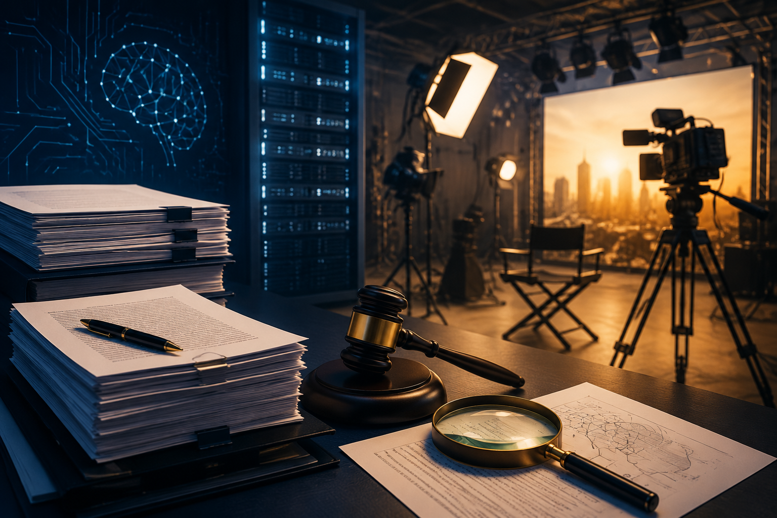 Legal due diligence documents beside a Hollywood soundstage with AI infrastructure integrated into production equipment