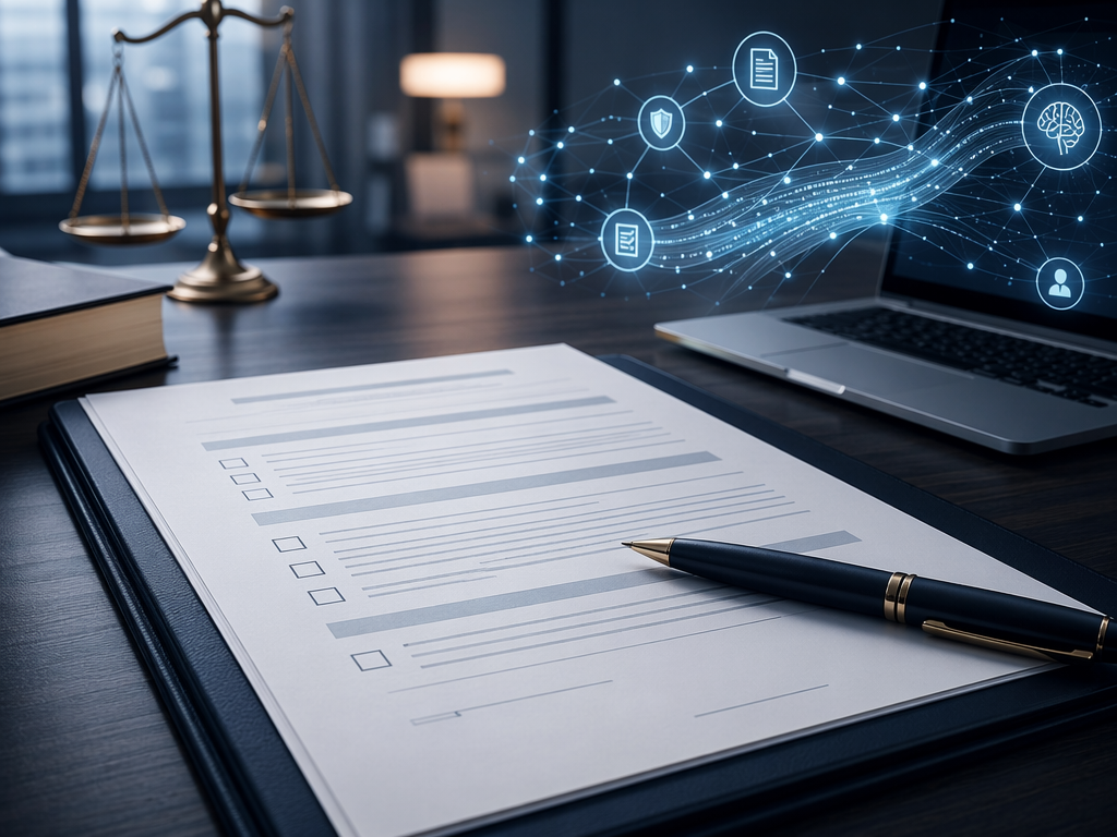 Open legal document with checkboxes beside a pen and an abstract AI data network