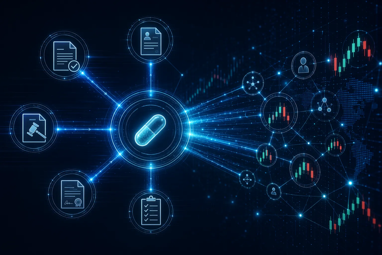 Data network connecting FDA regulatory decision nodes with stock trading activity and surveillance beams