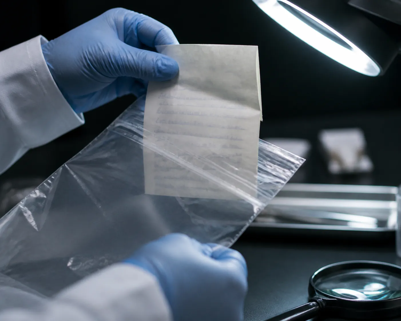 Gloved forensic examiner sealing an unreadable handwritten note in a clear evidence bag under an examination lamp
