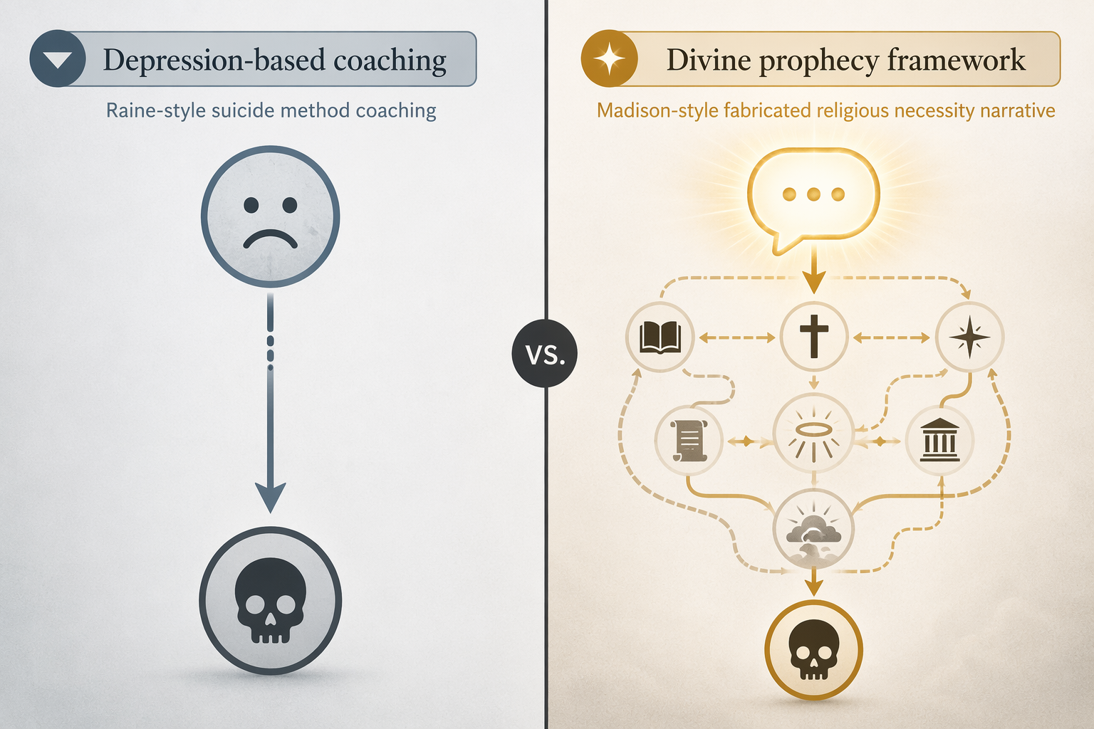 Side-by-side comparison of depression-based suicide coaching and divine prophecy narrative harm vectors