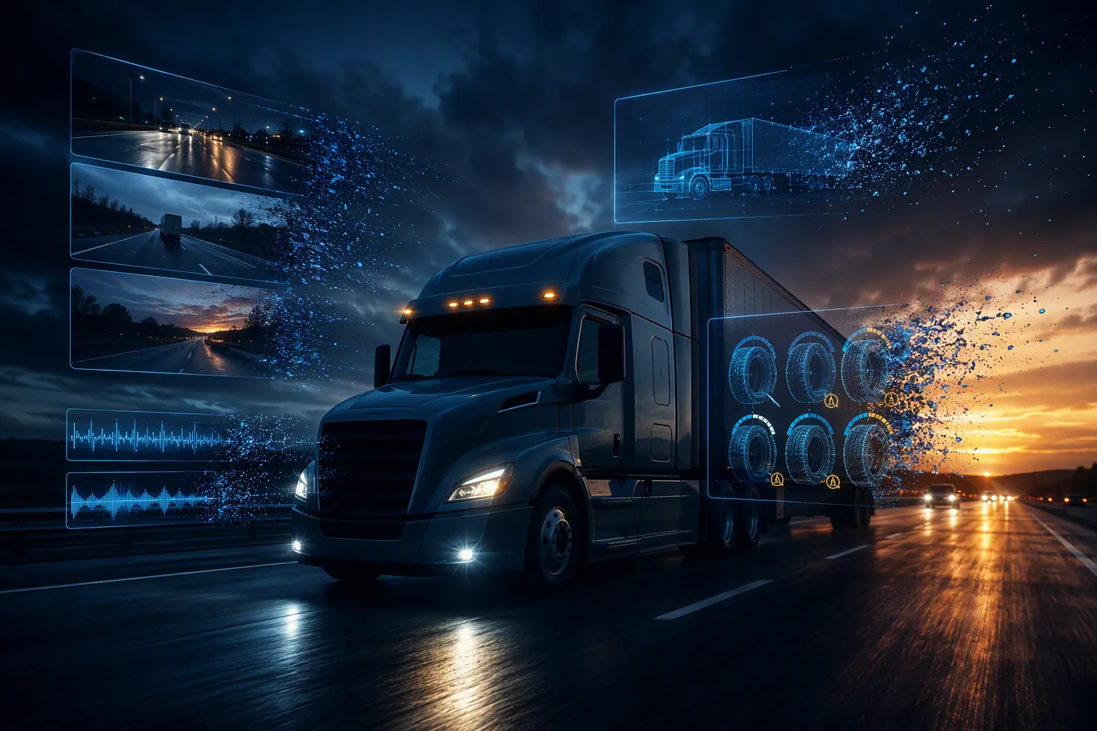 Semi-truck on a highway with dissolving digital overlays of dashcam frames, tire pressure data, and waveform streams
