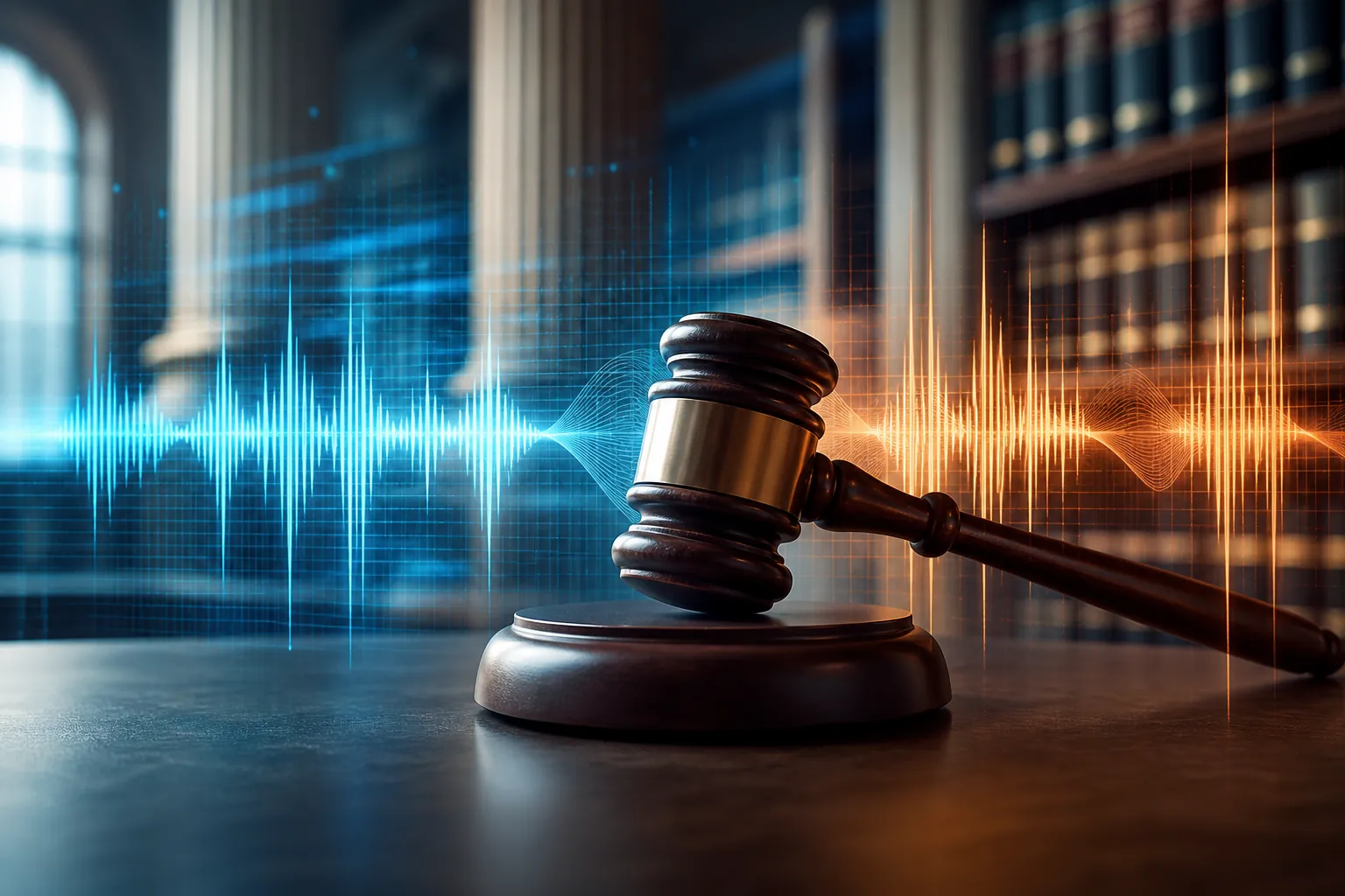 Judge's gavel on a soundproof table with digital audio waveforms and courtroom architecture in the background