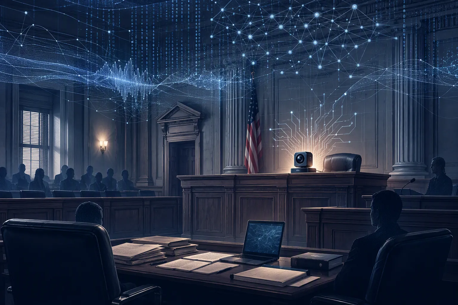 Federal courtroom with digital surveillance streams and network diagrams above the bench and counsel tables