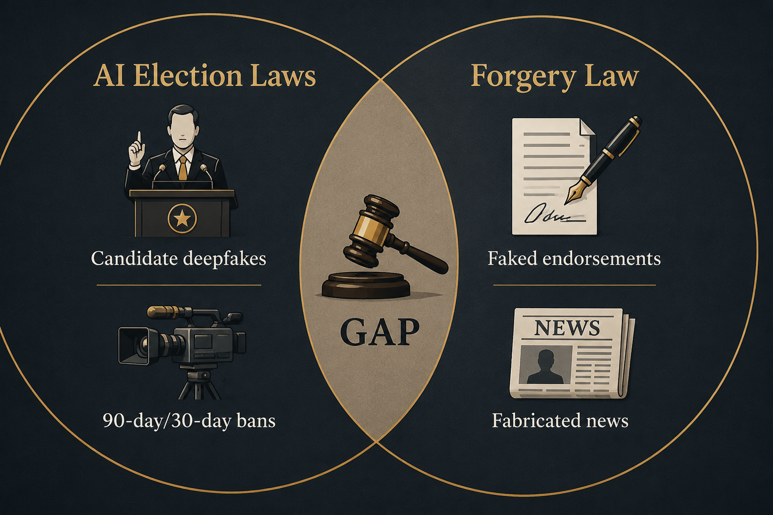 Comparison diagram showing candidate deepfake laws and forgery law for fake endorsements and fabricated news