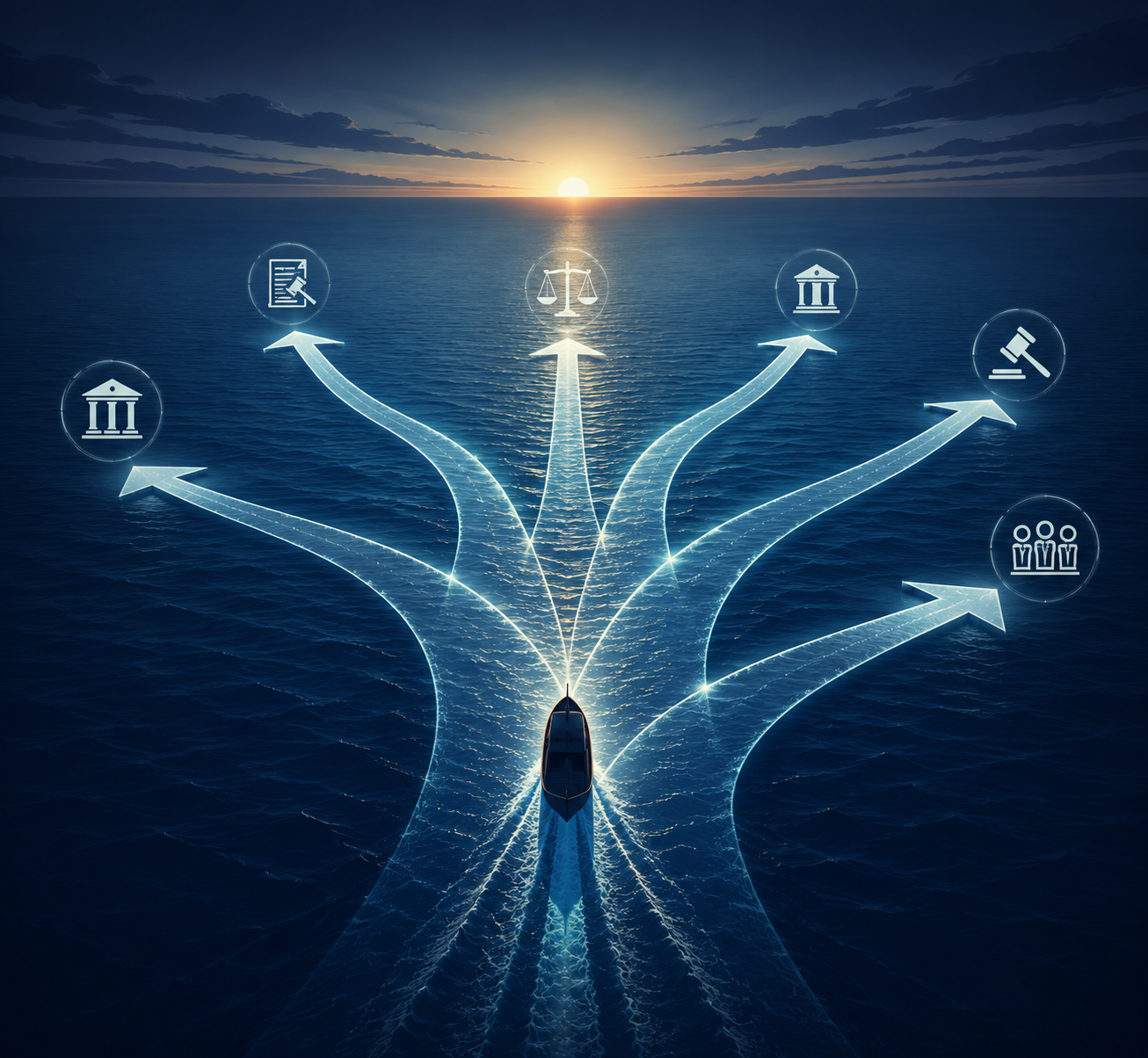 Boat silhouette with diverging illuminated pathways at sea