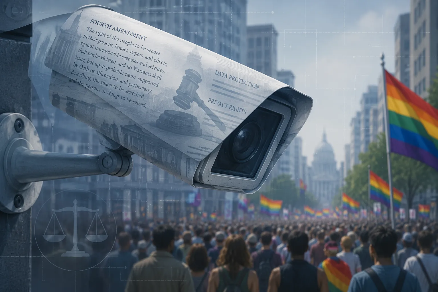Surveillance camera over a crowded street with Pride flags and legal document overlays