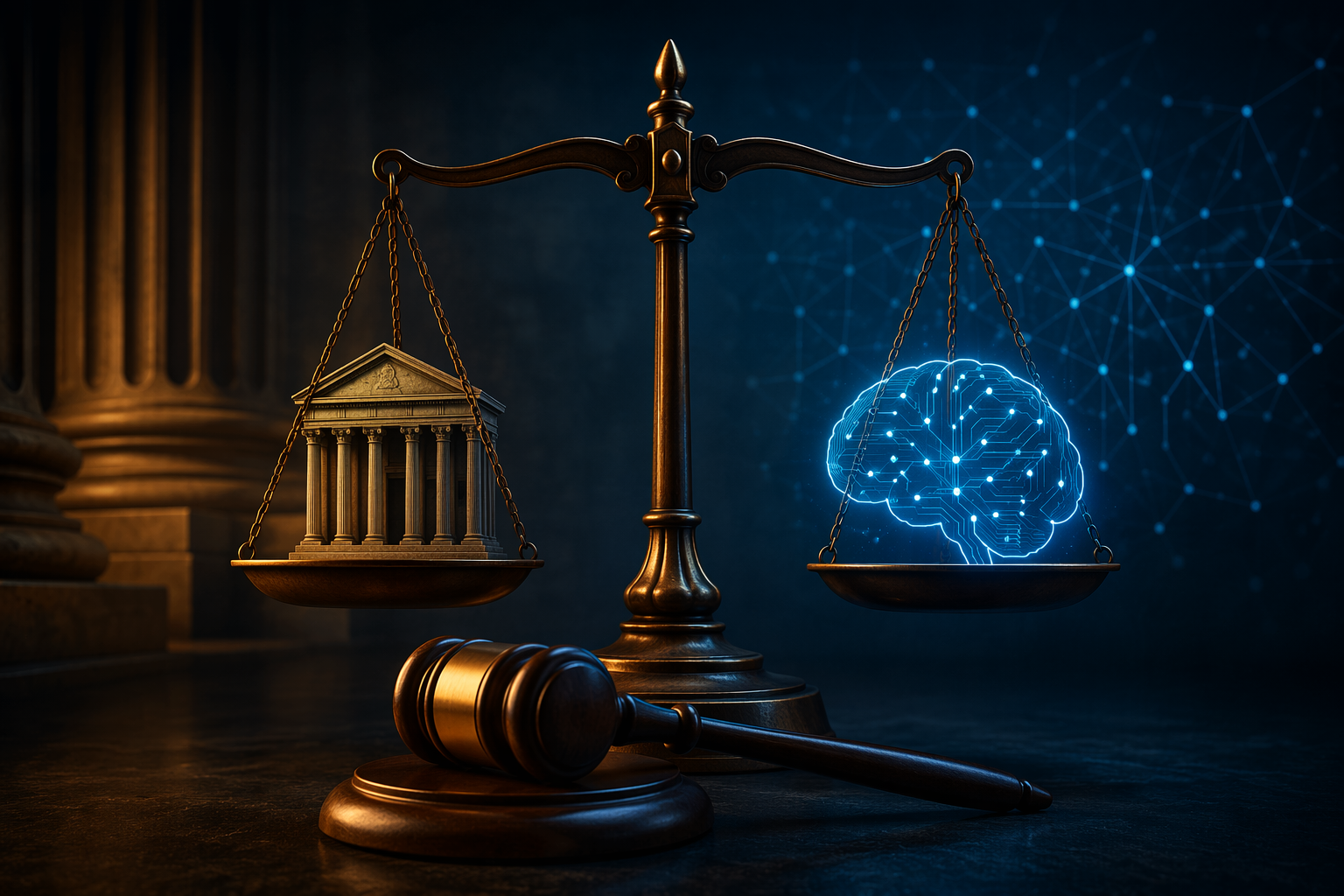 Scale of justice, digital brain icon, and gavel showing the tension between legal authority and artificial intelligence