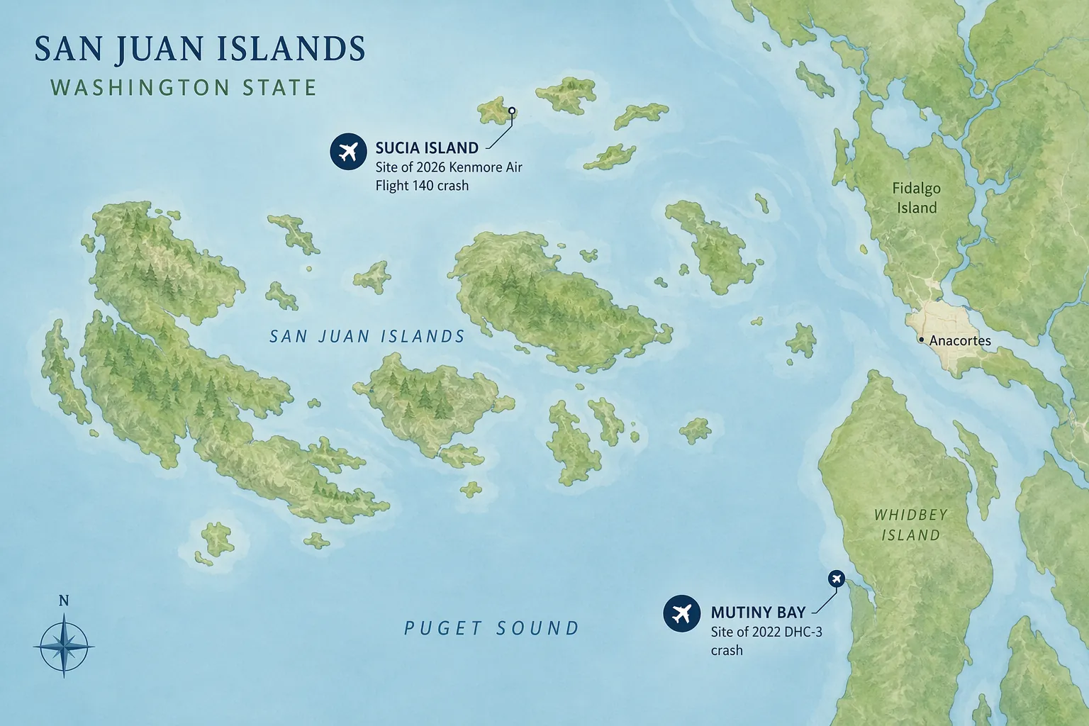 Map of Washington's San Juan Islands showing the Sucia Island crash site and the 2022 Mutiny Bay DHC-3 crash site