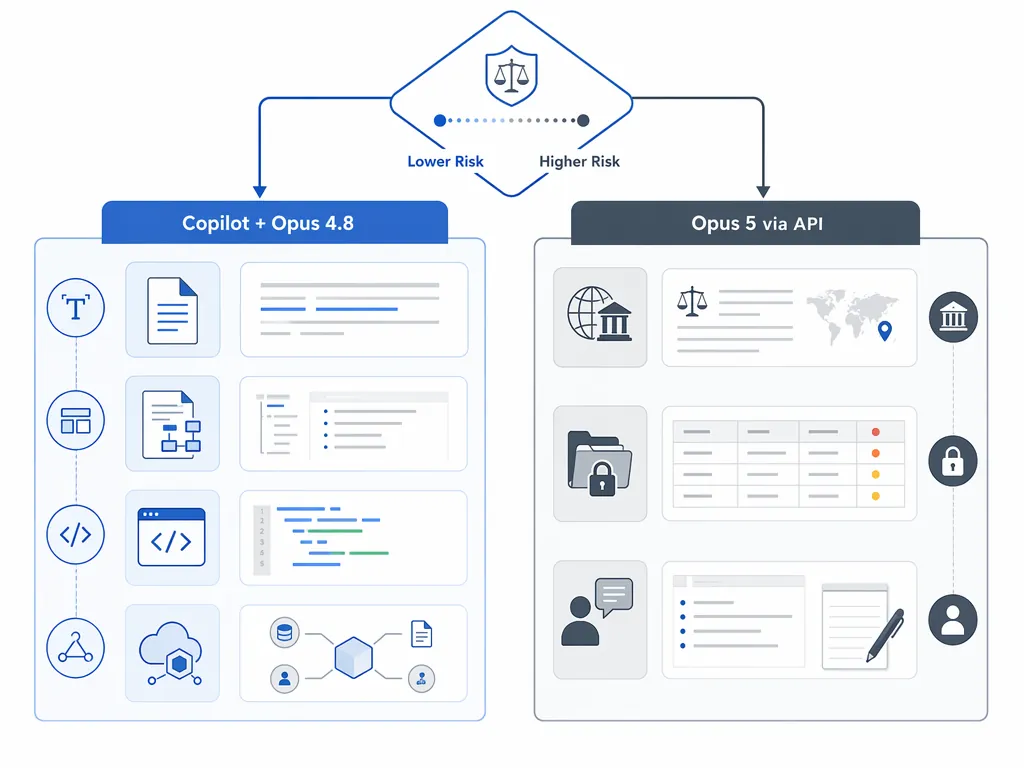 Workflow routing diagram directing everyday legal tasks to Copilot with Opus 4.8 and high-stakes reasoning tasks to Opus 5 via API