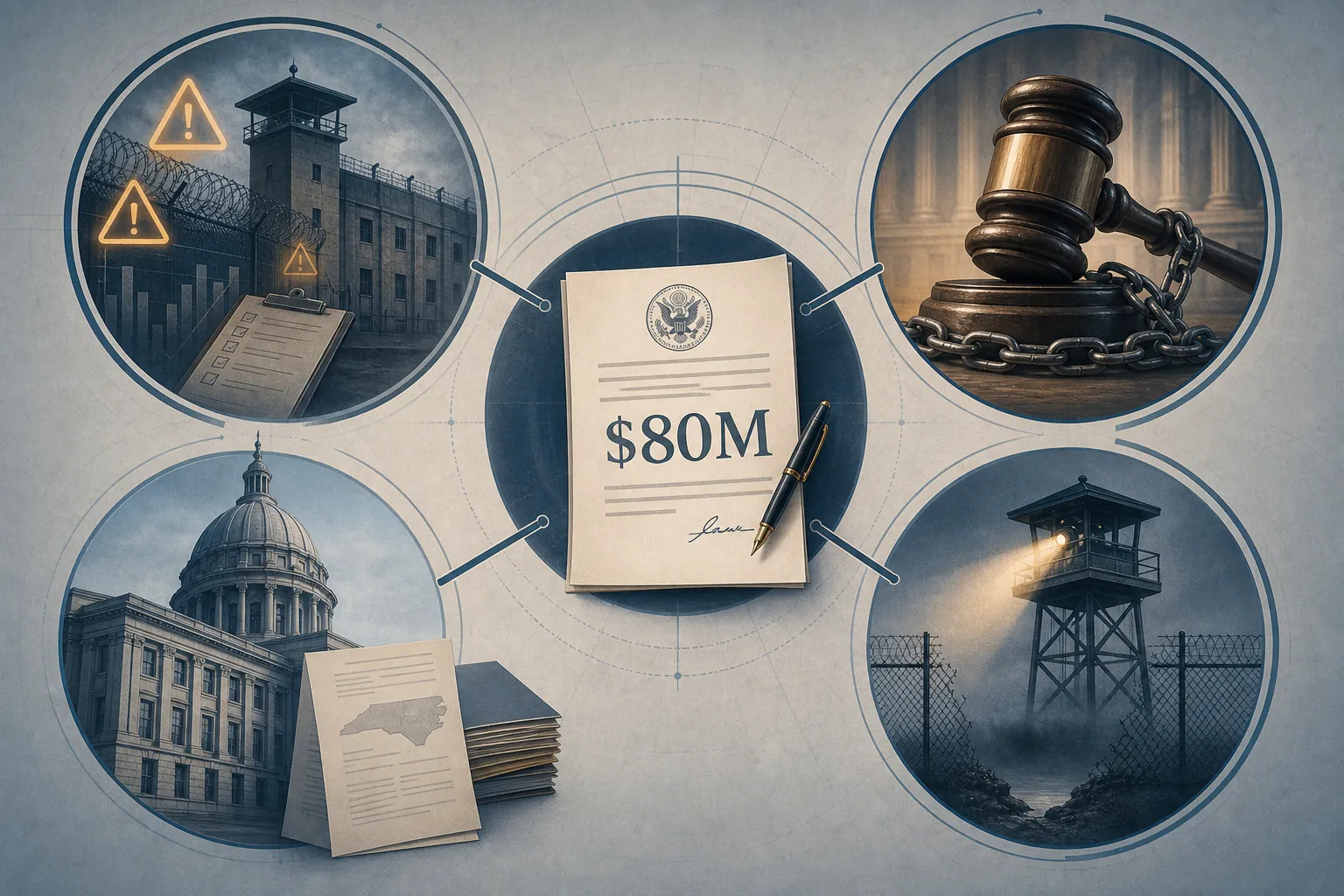 Illustration of an $80 million contract connected to facility-conditions risk, forced-labor litigation, North Carolina regulatory exposure, and reduced federal oversight