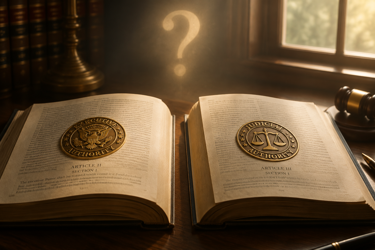 Open law books with executive and judicial seals separated by a gap of light