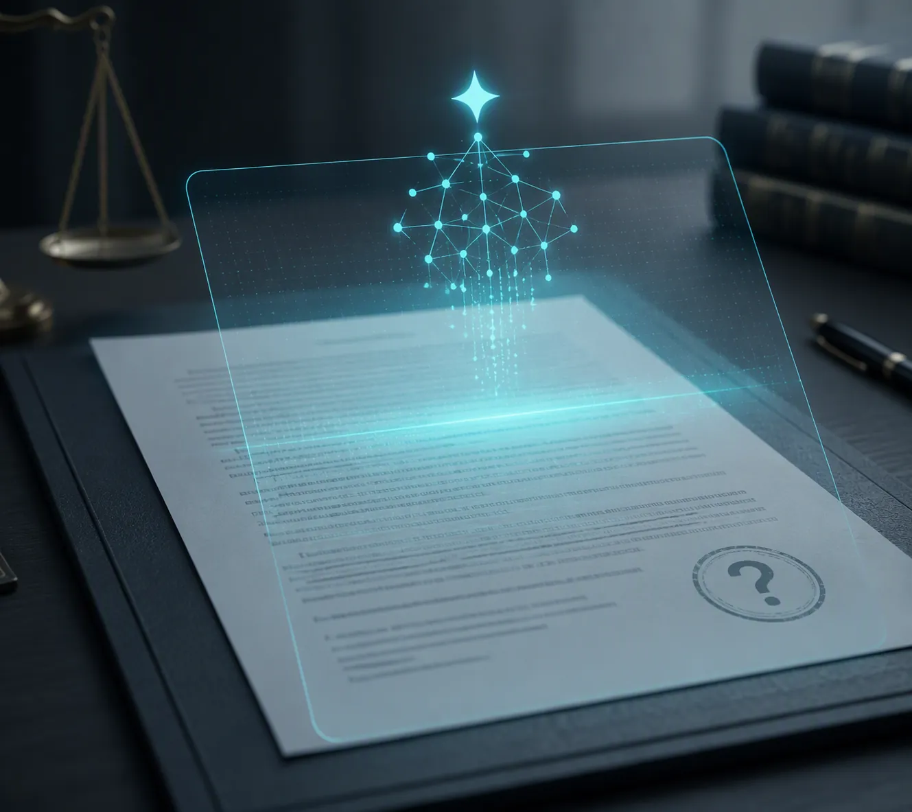 Concept image of an AI tool reviewing a legal document with a translucent blue overlay and question-mark stamp