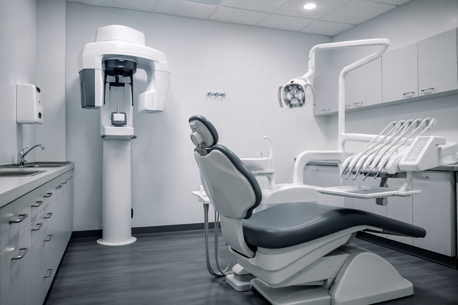 Empty dental treatment room with a patient chair and overhead X-ray machine arm