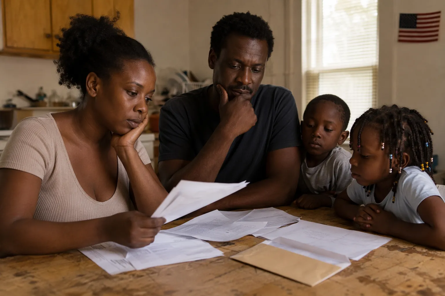 A Haitian family seated at a kitchen table in a U.S. home while parents review documents